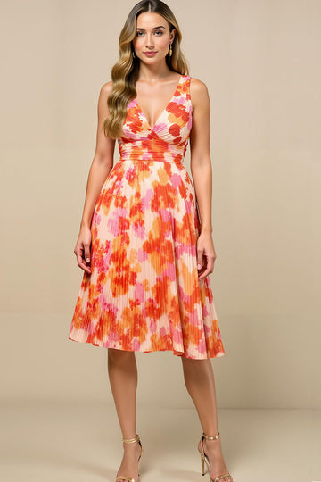 Robe d’été froncée à col en V imprimé coucher de soleil